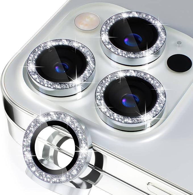 Misea [3+1] for iPhone 14 Pro/iPhone 14 Pro Max Camera Lens Protector Bling, 9H Tempered Glass Camera Cover Screen Protector Metal Individual Ring Protector Decoration Accessories, Silver Glitter