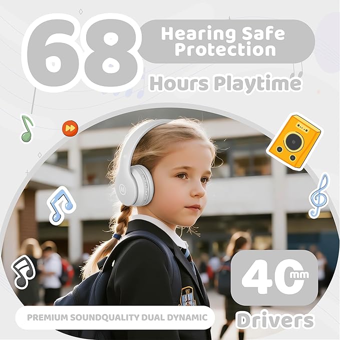 Headphones Kids Bluetooth 5.4 Wireless Play Time 68H Safe Volume Limit 85/94dB Over-Ear Foldable Headset,Fast Charging,with Aux Cord Built-in Mic for Toddler Child Pad Study Tablet White