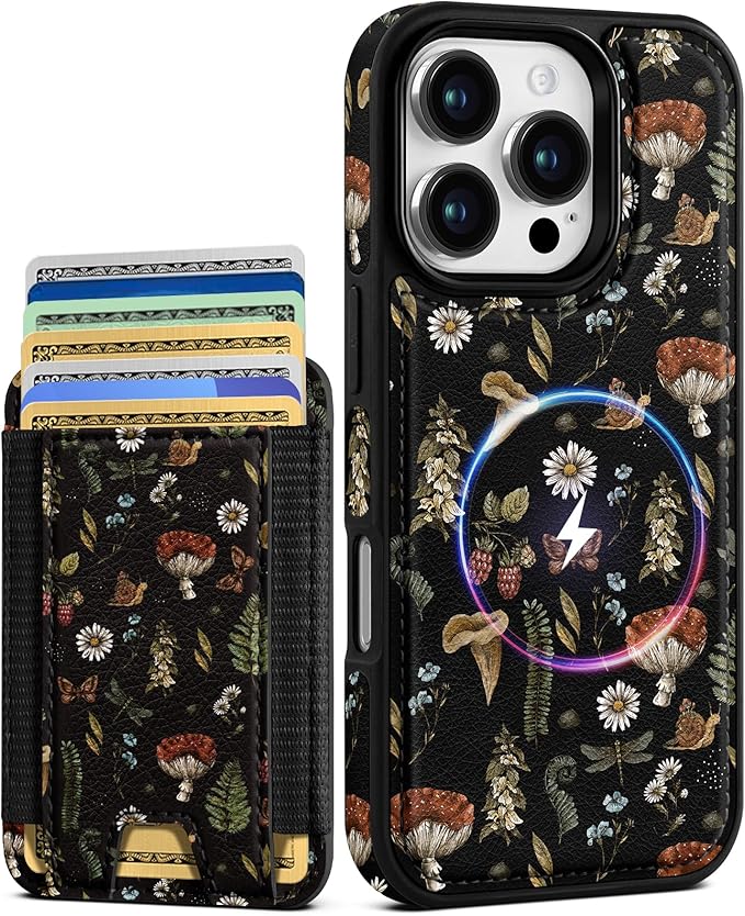 Shorogyt for iPhone 16 Pro Case Wallet - Fits 5 Cards, Compatible with Magsafe Detachable Magnetic Credit Card Holder Leather Cardholder Cute Phone Cover Women Girls for Apple 16Pro, Mushroom