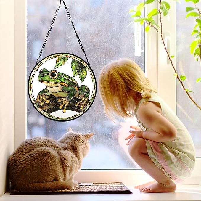 Stained Glass Window Hanging, Frog Green Leaf Sun Catchers Colorful Glass Panel Cool Suncatcher Decor for Birthday for Women, Men, Wife, Aunt, and Mom 11.8x11.8 in