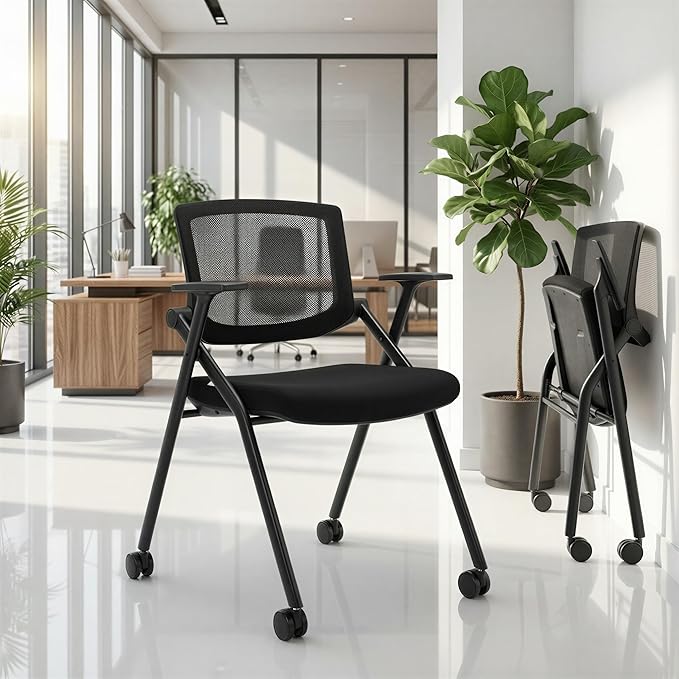 2 Pack Stackable Conference Room Chairs with Wheels and Paddle, Ergonomic Mesh Back and Arms for Meeting, Conference, Reception, Training Room & Home Office Desk Folding Chairs