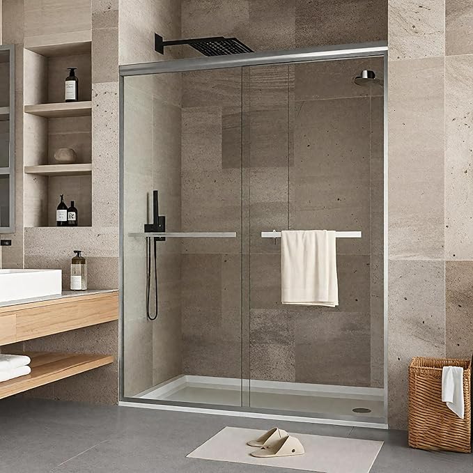 Sliding Shower Door 56–60 inch W× 72 inch H, Frameless Double Sliding Glass Panels with 8mm Tempered Glass, Brushed Silver, Modern Shower Enclosure for Walk-in Bathroom Upgrade