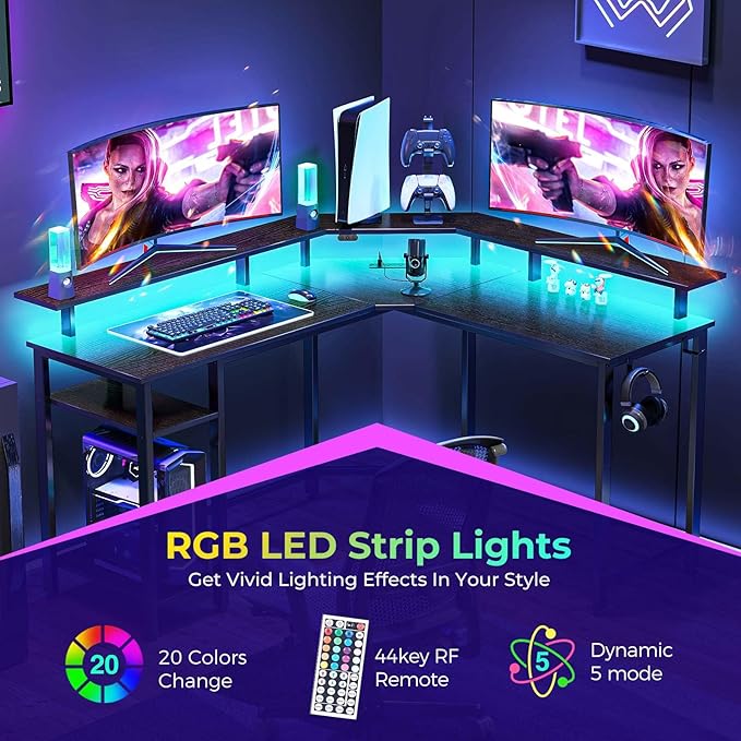 Rolanstar L Shaped Gaming Desk with LED Lights & Power Outlets, 46.2" Computer Desk with Full Monitor Stand & Storage Shelf, Corner Desk with Hooks, Black Desk Reversible