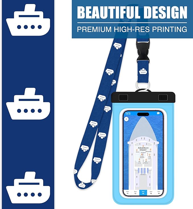 Cruise On Lanyards Waterproof Phone Pouch Dry Case w/Touch Screen for iPhone 15 14 13 12 11 Pro Max XS, Samsung S22+, Pixel 7, Fits Up to 6.5??Screen, Large Floating Holder (2-Pack) Blue