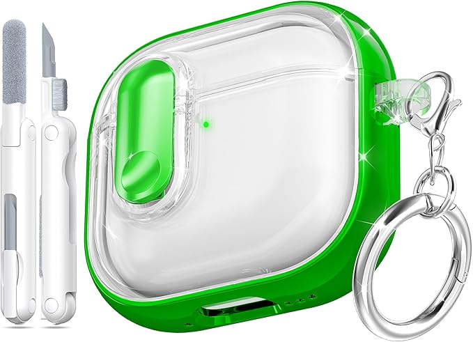 for AirPods 4th Generation Case 2024 with Bright Plated Bezel and Switches, Military-Grade Shockproof Transparent Anti-Yellowing for AirPods 4 Cover, Green