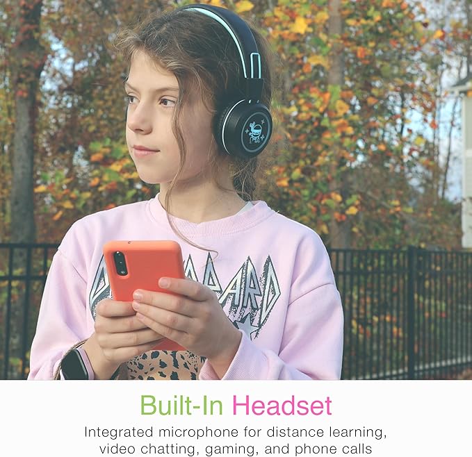 MEE Audio KidJamz KJ55BT Bluetooth Wireless Safe Listening Headphones for Children with LED Lights, 85dB Volume Limiter, Microphone, & 40h Battery; Kids Headset for School/iPhone/iPad/Tablet (Black)