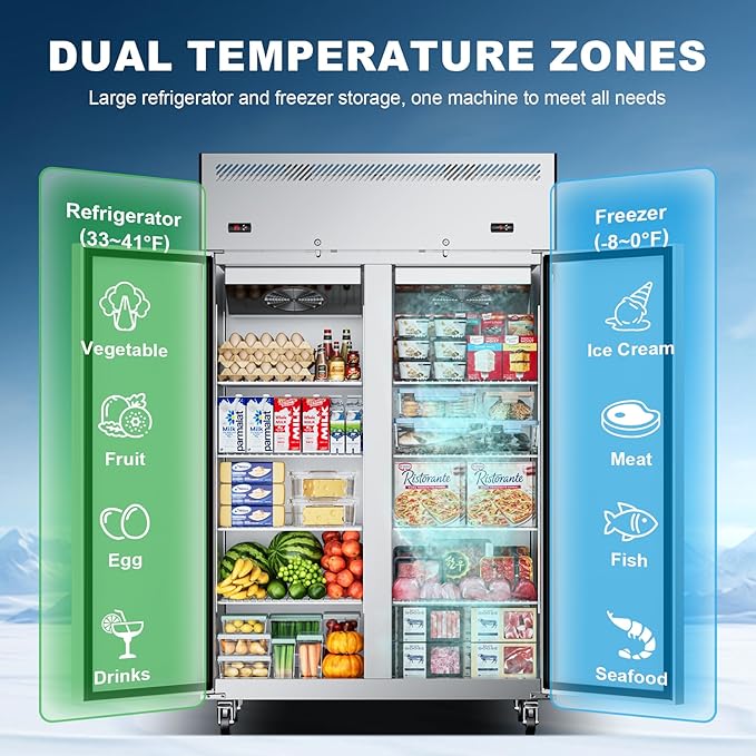 48" W 2 Door Commercial Refrigerator and Freezer Combo Stainless Steel Fan Cooling 38 Cu.ft Fridge and Freezer Dual Zones for Restaurant Bar Shop 33°F~41°F and -8℉ ~0℉, Stainless Steel Reach-in