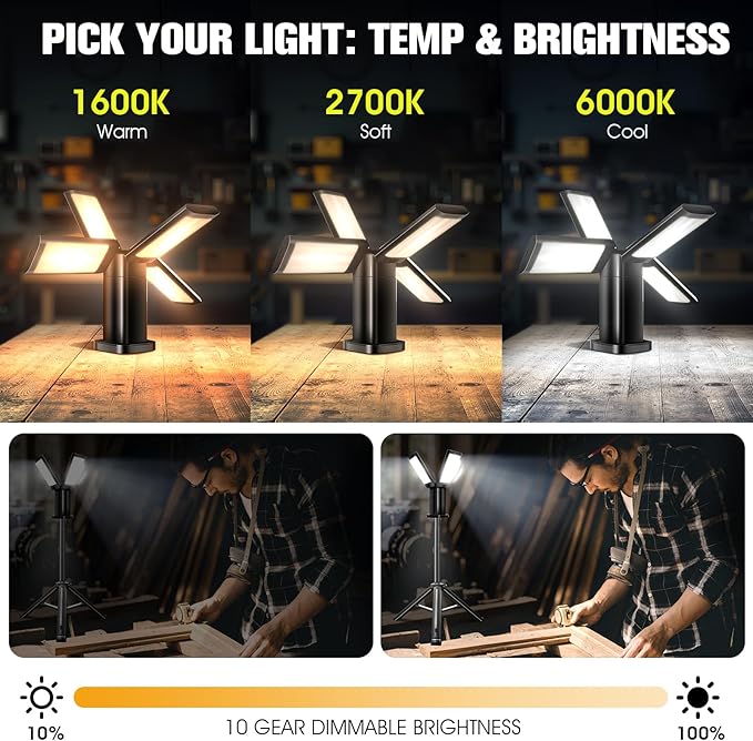 Upgraded Portable Work Light with Remote,4 Head Camping Light with Stand,8000LM Cordless LED Work Lights, Bright Telescopic Camping Lights, 67" Portable Tripod Work Light for Outdoor, Jobsite