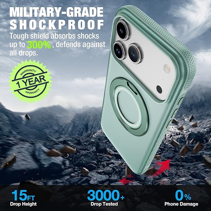for iPhone 17 Pro Case [Compatible with Magsafe] [15 FT Military Grade Drop Protection] with Screen Protector & Lens Protector,Shockproof Kickstand Phone Case for iPhone 17 Pro (Green)