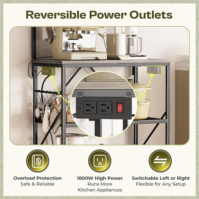Huuger 4-Tier Bakers Rack with Reversible Power Outlet, 23.6 Inch Microwave Stand with Paper Towel Holder, Kitchen Bar, Larger Storage with Top Shelf, 6 S Hooks, Greige