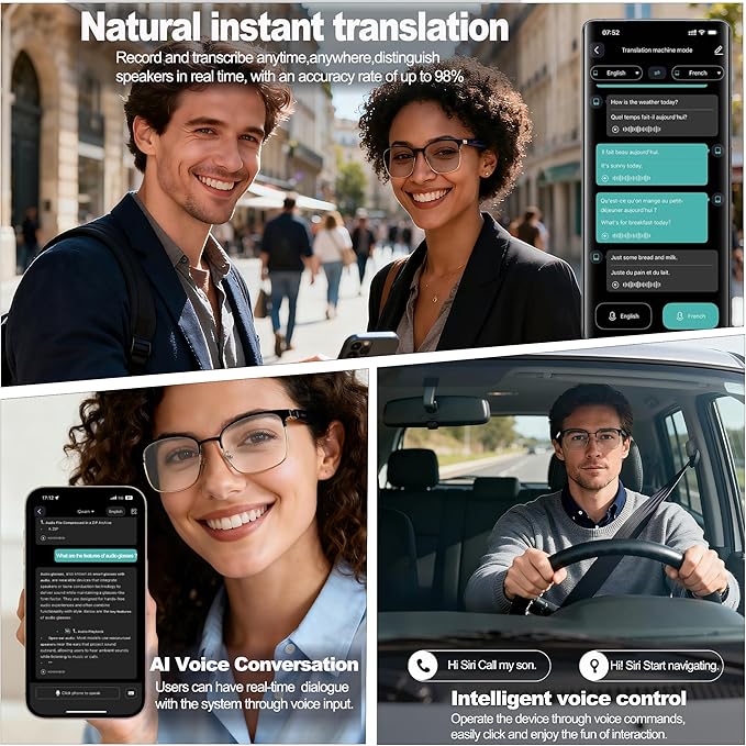AI Smart Wireless Bluetooth Translation Glasses for Men/Women with Speakers/Bluetooth&140+ Languages Translation Sports/Travel/Drive/Busniess (G6+AI+Color Change Lenses+Silver)