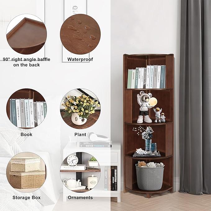 DOUSY-4 Tier Bamboo Corner Shelf, Modern Corner Bookshelf, 56.2" Tall Stylish Book Case Display Rack Plant Stand for Living Room, Bedroom, Home Office, Kitchen, Walnut