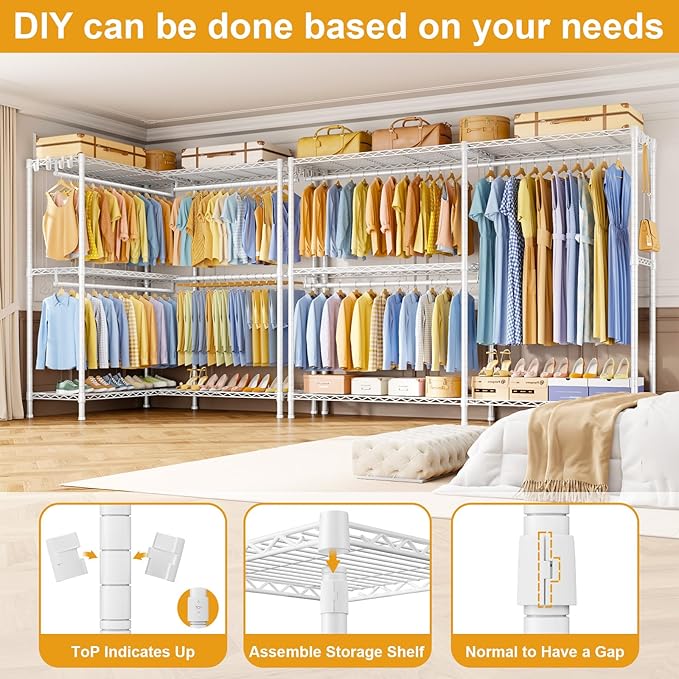 E15 Plus Garment Rack L Shaped Clothes Rack for Corner，Freestanding Clothing Racks for Hanging Clothes，Heavy Duty Closet System with 4 Hanging Rods & 8 S Hooks，48.5" W x 35" D x 78.4" H，White