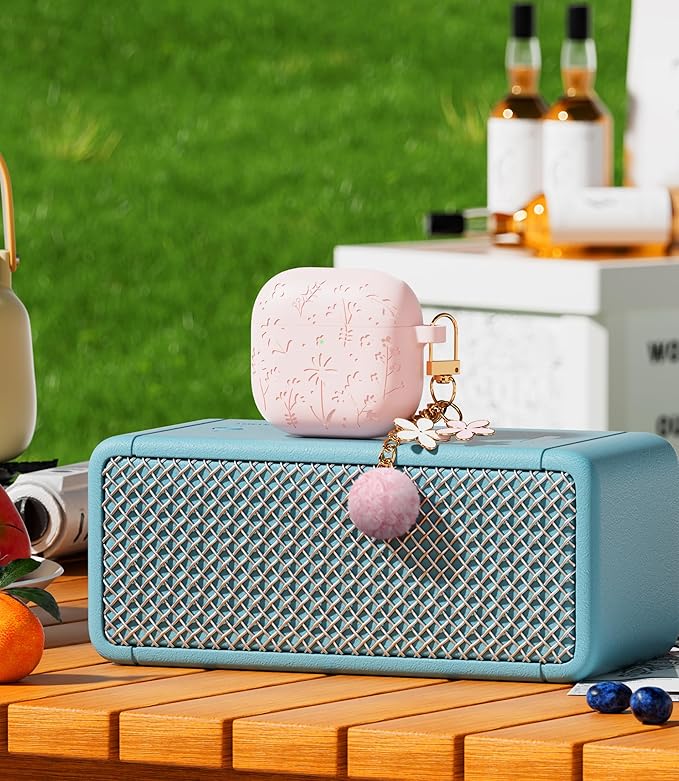 Seltureone Compatible with AirPods 4 Case Cute with Cherry Blossom Keychain and Cleaning Kit, Soft Silicone Shockproof Flower Engraved Cover Compatible with AirPod 4 Case Cover - Pink