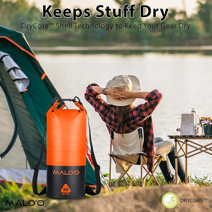 Malo?™o DryPack 30L Waterproof Kayak Dry Bag, Heavy Duty Roll-Top Dry Bag with MOLLE Grid and Carry Straps for Fishing, Paddle Boarding, Boating, Camping, and Travel, Orange