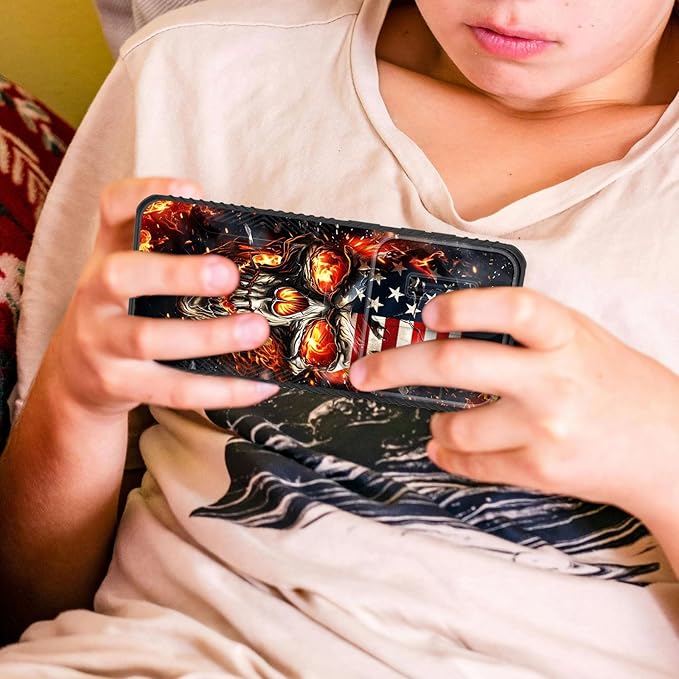 for Galaxy S24 FE Case Built in Slide Camera Lens Cover,Heavy Duty Shockproof Protection Dual Layer Case for Samsung Galaxy S24 FE 5G 6.7" 2024,American Flag Flame Skull