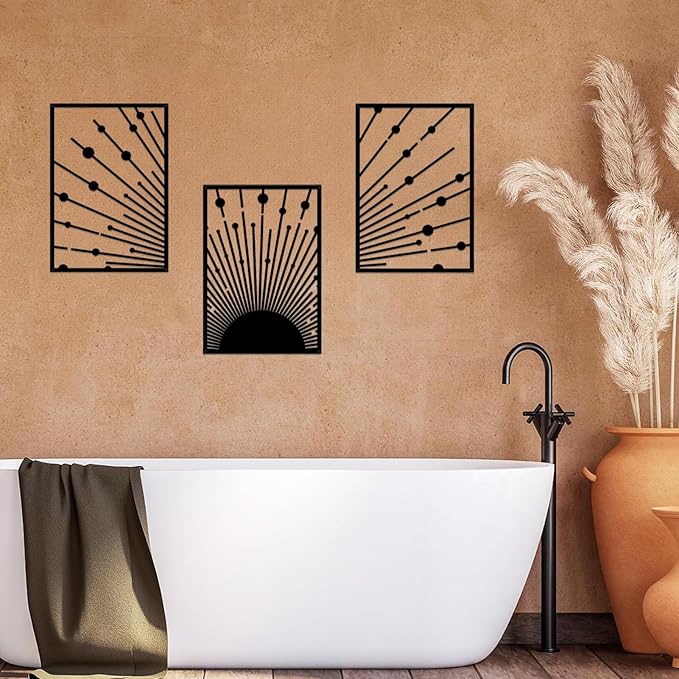 ruelen Metal Sun Wall Decor - Large Minimalist Sun Line Art Sculpture for Modern Home & Outdoor Decor, Set of 3 (40x28cm) - Nautical Black Sunshine Design