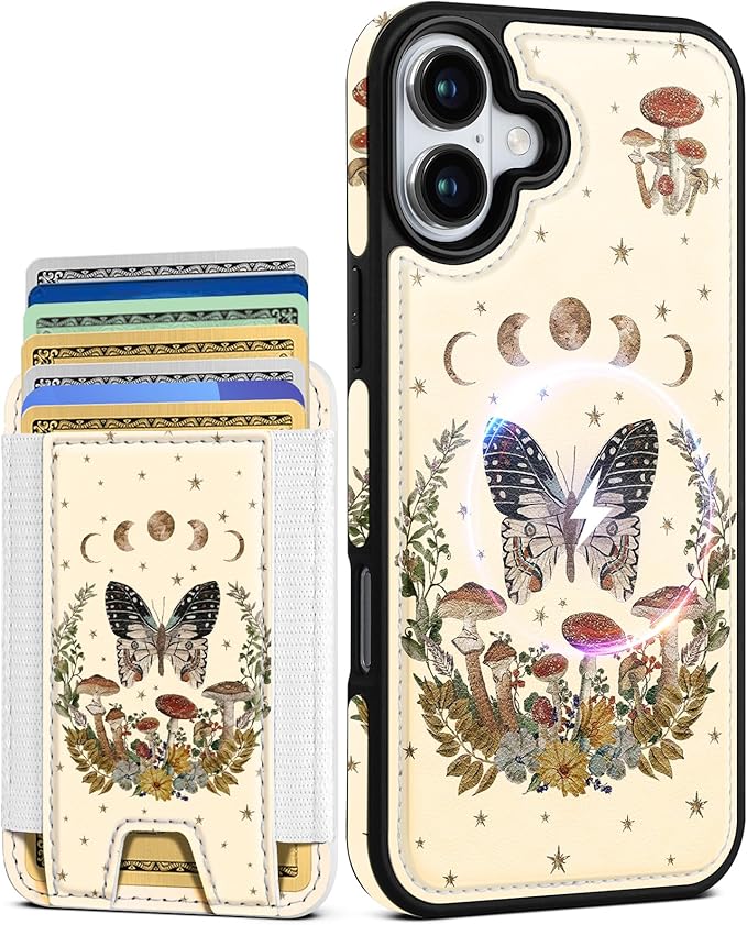 Shorogyt for iPhone 16 Wallet Case - Fits 5 Cards, Compatible with Magsafe Detachable Magnetic Credit Card Holder Leather Cardholder Cute Phone Cover Women Girls for Apple 16, Moon Butterfly