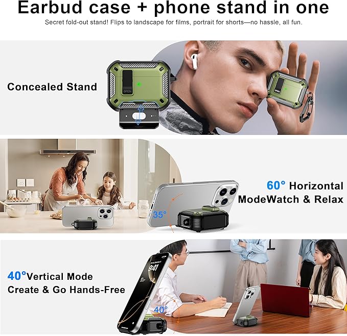 RFUNGUANGO Compatible AirPods Pro 2nd Generation Case with Phone Holder and Compatible Back Magnetic Suction Function, Suitable for AirPods Pro 2 Case, Military Green