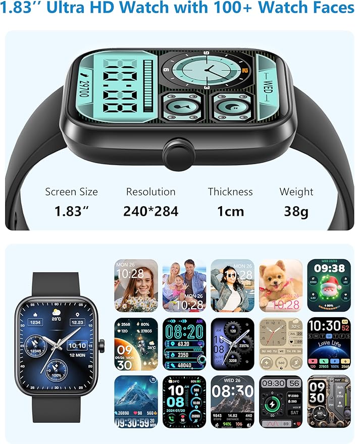 Smart Watch, 1.83'' Smartwatch Women Men Answer Make Calls, Alexa Fitness Watch, IP68 Waterproof Fitness Tracker Watch, Heart Rate Monitor, 100+ Sports Pedometer Watch, Timer for android & iOS Phone