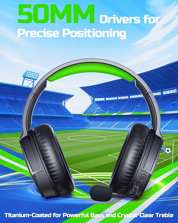 BINNUNE Wireless Gaming Headset — 2.4GHz Low-Latency USB Dongle + Bluetooth, 50mm Drivers 7.1 Surround, Noise-Cancelling Mic, 40H Battery — Over Ear Wireless Headphones for PS5, PC, Laptop, Green