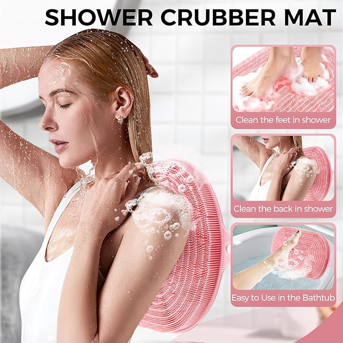 Shower Foot Scrubber - XXL Large Silicone Bath Mat for Exfoliating & Massaging Feet in Shower, Non-Slip Suction Cups, Dead Skin Remover, Callus Cleaner for Men & Women, 20.9"x13.8" Pink