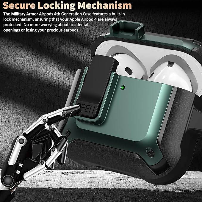 for Airpods 4 Case with Lock Clid, Rugged Apple Airpods 4th Generation Cover 2024 Men Women, Armor Shockproof iPod 4 Gen Protective Hard Shell with Carabiner&Cleaner kit,Black/Green