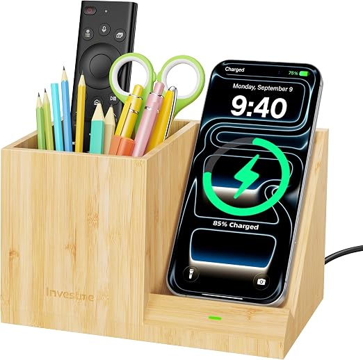 Bamboo Pen Holder for Desk with Wireless Charger, Desktop Organizer