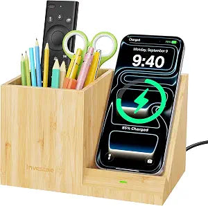Bamboo Pen Holder for Desk with Wireless Charger, Desktop Organizer