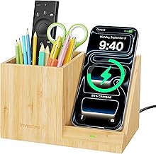 Bamboo Pen Holder for Desk with Wireless Charger, Desktop Organizer - Image 1