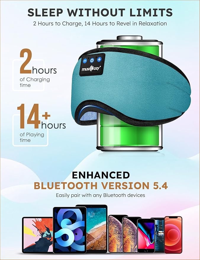 MUSICOZY 3D Bluetooth Sleep Mask with Headphones and Timer, Wireless Sleep Headphones for Side Sleepers, Eye Mask with Bluetooth Headphone, 2 Packs