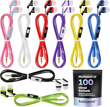 JustJamz 100x Multipack | Bulk Earbuds with Microphone, for Schools, Classroom, Libraries, Museums, etc., Wired in-Ear Earphones with Mic for Kids, Teenagers & Adults, Affordable Bulk Headphones