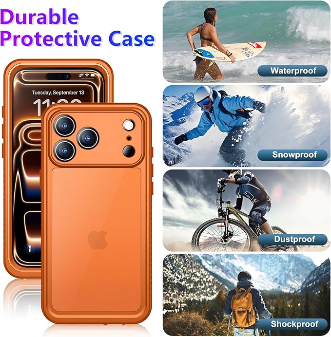 Temdan Compatible with iPhone 17 Pro Case,Waterproof Built-in Screen & Camera Protector IP68 Underwater Full Body 17FT Military Dropproof Shockproof Phone Case 6.3"-Orange/Clear