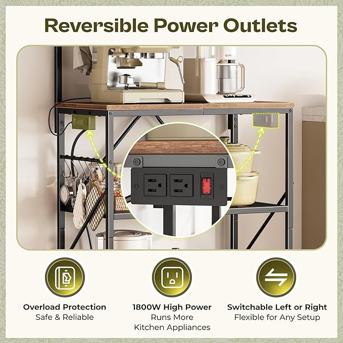 Huuger 4-Tier Bakers Rack with Reversible Power Outlet, 23.6 Inch Microwave Stand with Paper Towel Holder, Kitchen Bar, Larger Storage with Top Shelf, 6 S Hooks, Rustic Brown