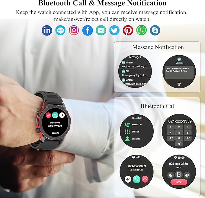 Popglory Smart Watch, 1.43''AMOLED 45mm Military Smartwatch Men Women Answer/Make Call, Digital Fitness Watch, 110+ Sports, Blood Pressure, Heart Rate, Stress Monitor Sports Watch for Android or iOS