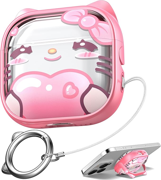 for AirPods 4 Case with Cleaning Kit, Cute Cat Ear Print Design & Cute Buckle, Inverted Phone Holder Design, Top Safe Lock Buckle Design, for Girls AirPods 4 case 2024, Pink Cat