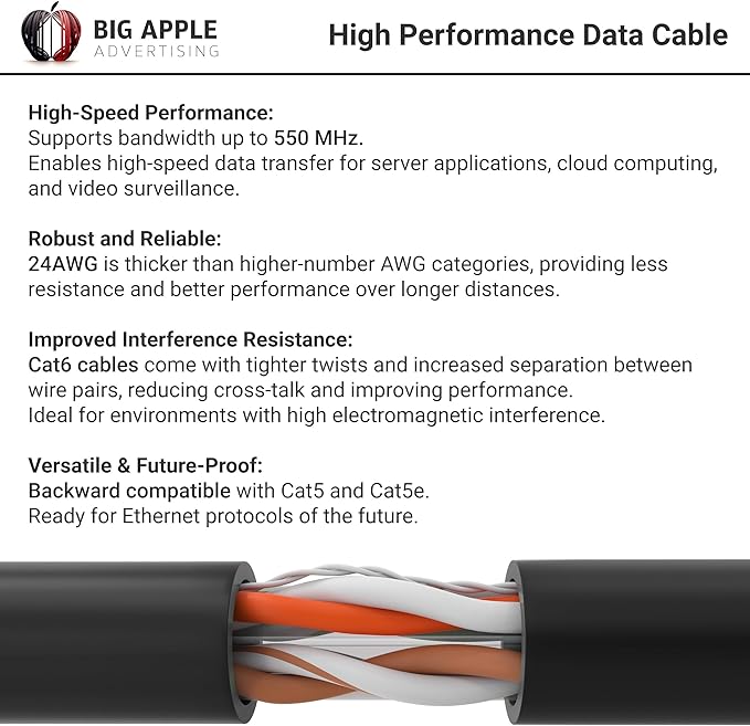Big-A - Bulk Cat6 Cable 1000ft 23AWG Solid 4 Pair, Cat 6 Ethernet Cable Unshielded Twisted Pair (UTP), (CMR) 550MHz Internet Cable, Pull Box - Black
