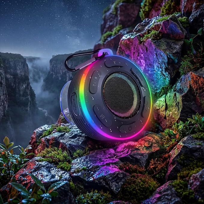 Portable Bluetooth Speaker with vibrant led lights, IPX6 Waterproof, Loud Stereo Sound,Hands-Free Calling/Radio, for Shower, Beach, Outdoors, Over 10 H Playtime, Mini/Small, Suction Cup & Hook