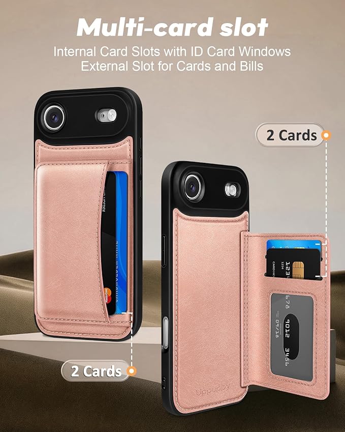 for iPhone 17 Air Case with Wallet - Fits 4 Card Slots, Compatible with MagSafe for Women Aesthetic Durable PU Leather Credit Card Holder Kickstand Phone Cover for Apple 17 Air, Rose Gold