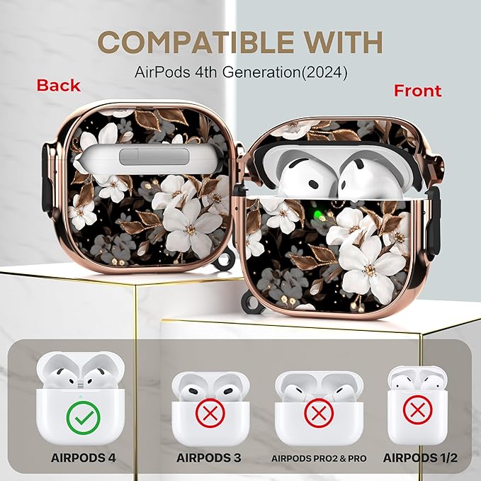 Maxjoy for AirPods 4 Case with Lock, Flower AirPods 4 Case Lock Protective Hard Cute AirPod 4 Generation Cover for Women Men with Keychain Clip for AirPod 4th Generation Cover 2024, Floral