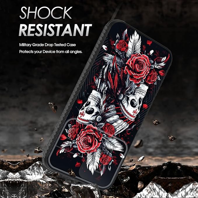 for Galaxy A16 5G Case Built in Slide Camera Lens Cover,Heavy Duty Shockproof Protection Dual Layer Case for Samsung Galaxy A16 5G 6.7" 2024,Skull Art with Feathers and Roses