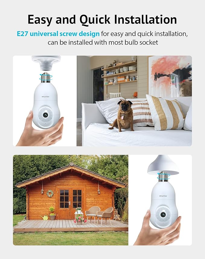 LaView 4MP Bulb Security Camera 2.4GHz,360° 2K Security Cameras Wireless Outdoor Indoor Full Color Day and Night, Motion Detection, Audible Alarm, Easy Installation, Compatible with Alexa (2 Pack)
