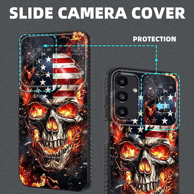 for Galaxy A15 5G Case Built in Slide Camera Lens Cover,Heavy Duty Shockproof Protection Dual Layer Case for Samsung Galaxy A15 5G 6.5 inch 2024,American Flag Flame Skull