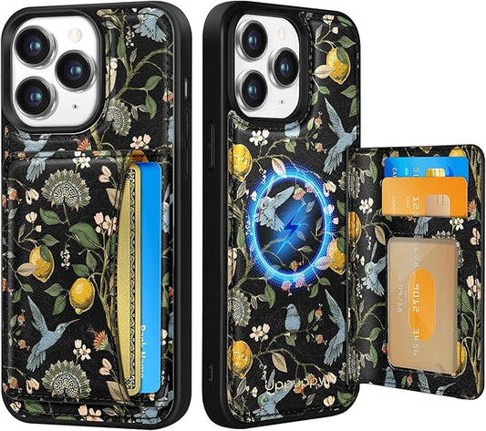 for iPhone 11 Pro Max Case with Wallet - Fits 4 Card Slots, Compatible with MagSafe for Women Aesthetic DurPU Leather Credit Card Holder Kickstand Phone Cover for Apple 11 Promax, Lemon Bird