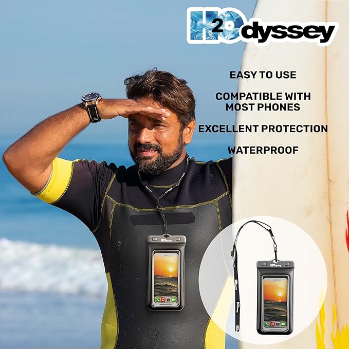 H2ODYSSEY Waterproof Phone Case and Lanyard - Excellent Waterproof Protection - Floats in The Water -Lanyard for Beach Kayak Travel - Universal Size - Black