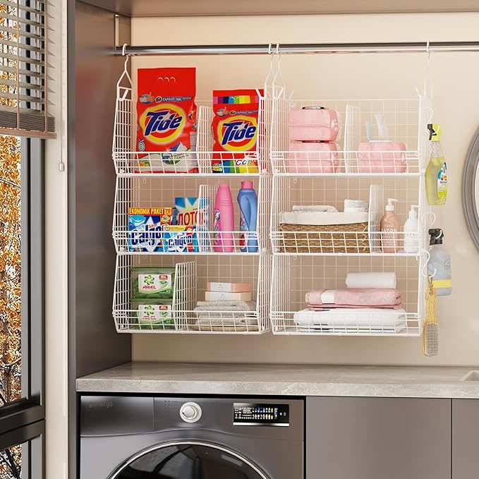 X-cosrack 7 Tier Hanging Closet Organizer and Storage, Foldable Wire Closet Shelving with 5 S Hooks,Hanging Basket for Clothes Sweaters Shoes Handbags,Wardrobe Kitchen Laundry Room-White