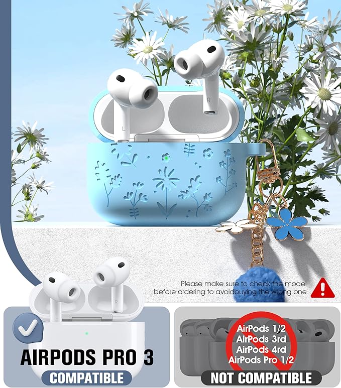 Seltureone Compatible with AirPods Pro 3 Case 2025 Cute with Cherry Blossom Keychain and Cleaning Kit, Soft Silicone Shockproof Flower Engraved Compatible with AirPod Pro 3 Case Cover - Baby Blue