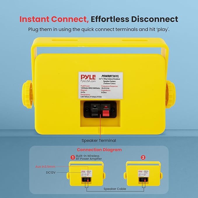 Pyle 3.5" 2-Way Waterproof Bluetooth Indoor/Outdoor Speaker – ½ High Compliance Polymer Tweeter, Compact Marine Deck/Poolside Sound System (Yellow)