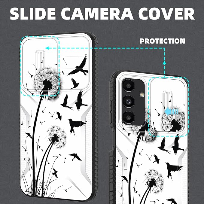for Galaxy A15 5G Case Built in Slide Camera Lens Cover,Heavy Duty Shockproof Protection Dual Layer Case for Samsung Galaxy A15 5G 6.5 inch 2024,Dandelions and Birds