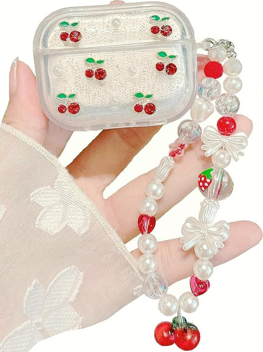 JANDM 3D Cherry Case with Keychain for AirPods Pro 2/1 Gen,Clear Diamonds Aesthetic Shockproof Cover with Cute Pearl Strap for Women Girls Protective Cover